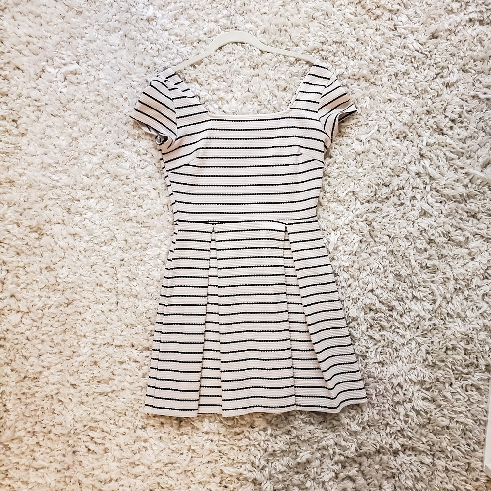 Black and White Striped Pleated Dress